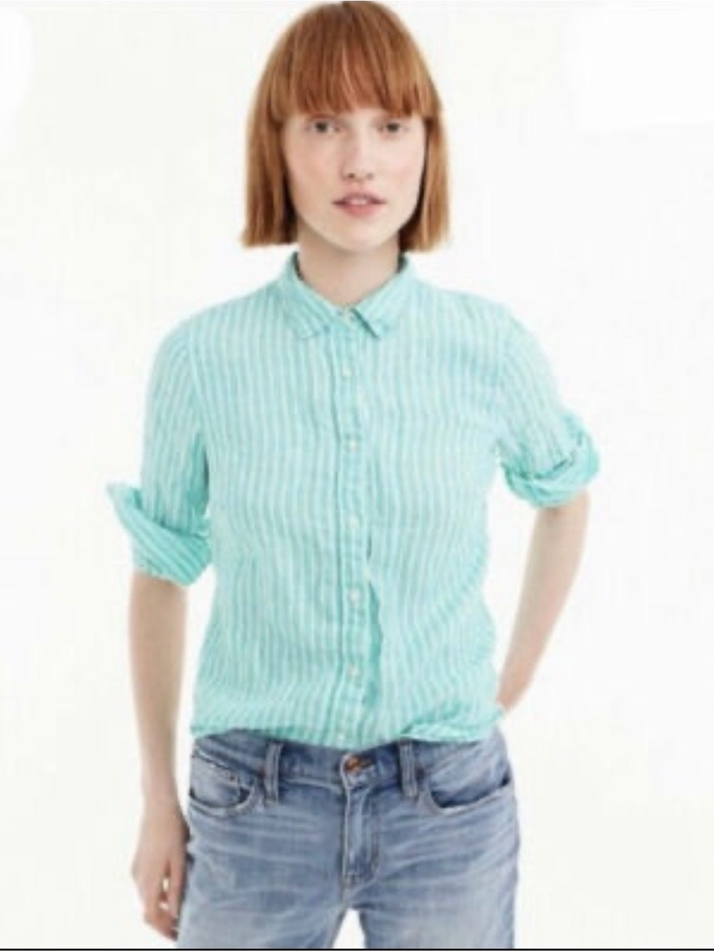 J.Crew Baird McNutt Irish Linen Shirt 6 Aqua Stripe Coastal Clean Girl